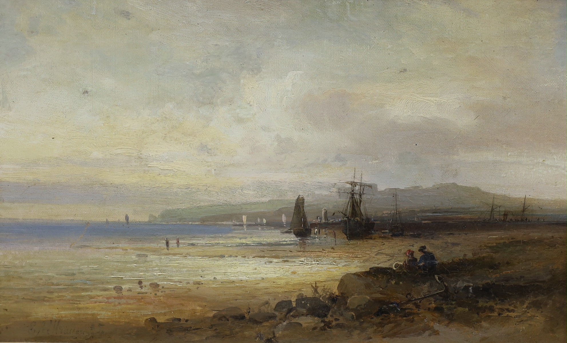 19th century English School, oil on canvas, Coastal scene at low tide, indistinctly signed, 24 x 39cm